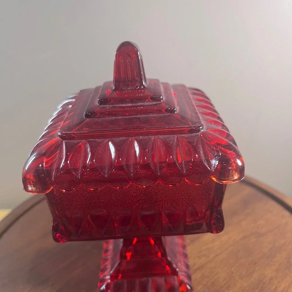 Vtg Jeanette Ruby Red Glass Wedding Cake Box Dish Lidded Footed Pedestal 6.5in